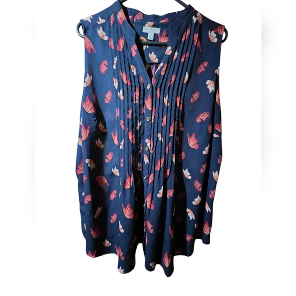 Charter Club Dark Blue Blouse with Pink Floral Pattern 2X - Picture 4 of 5